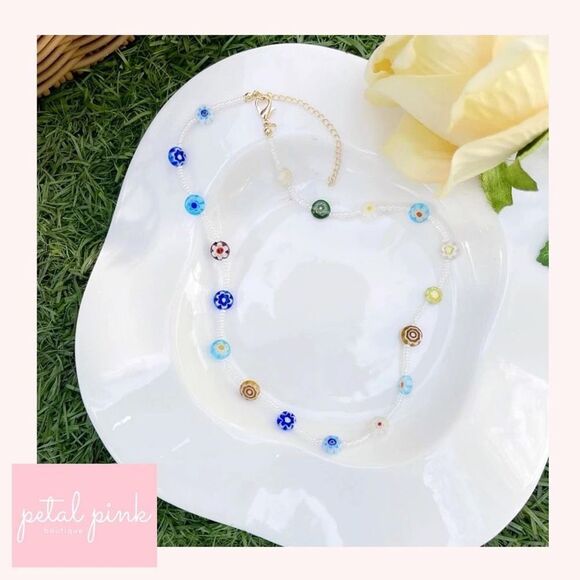 Bohemian Glass and Resin Colorful and Simulated Pearl Necklace Summer Fall - Picture 3 of 5